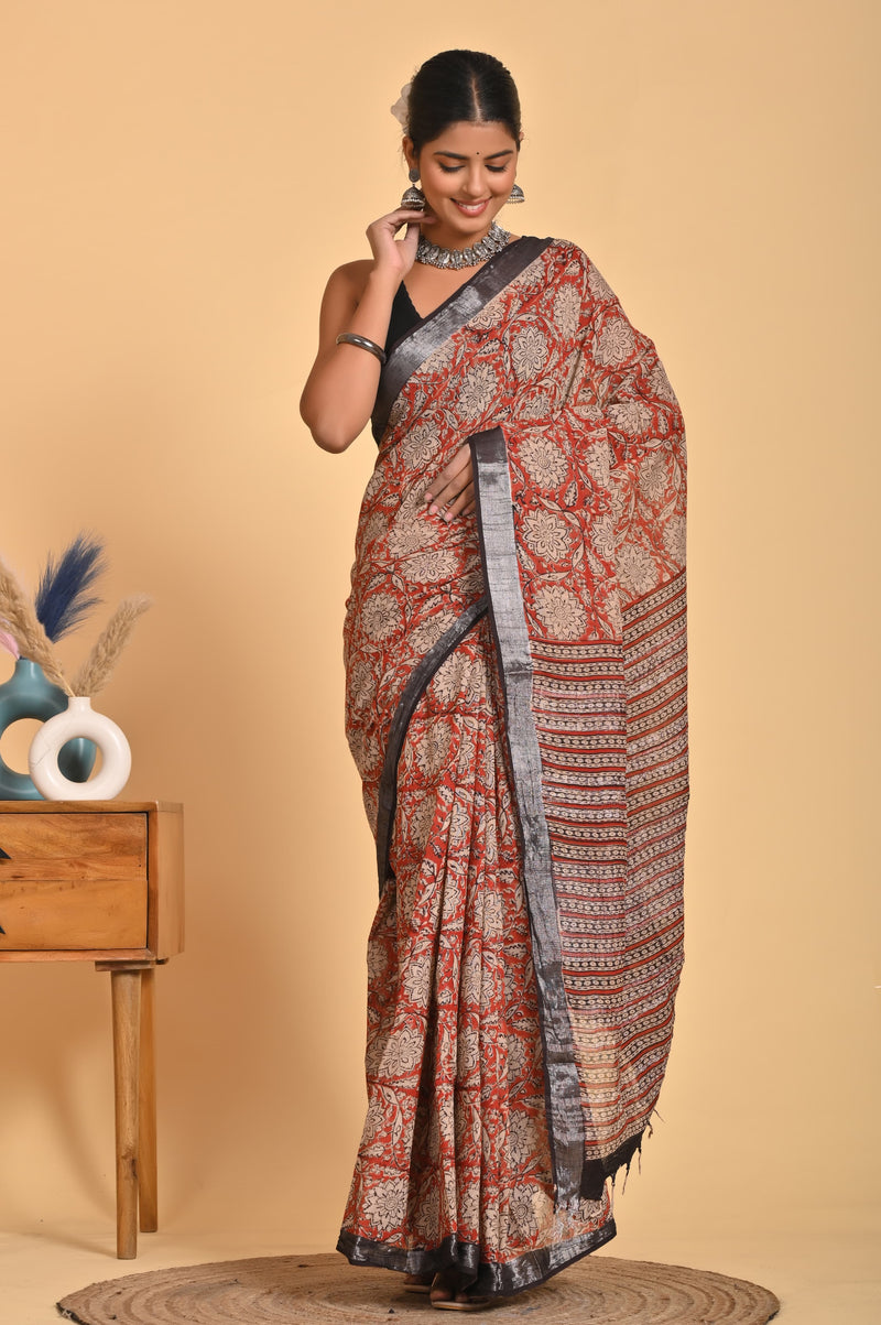 Hand Block Print Linen Saree with Blouse .