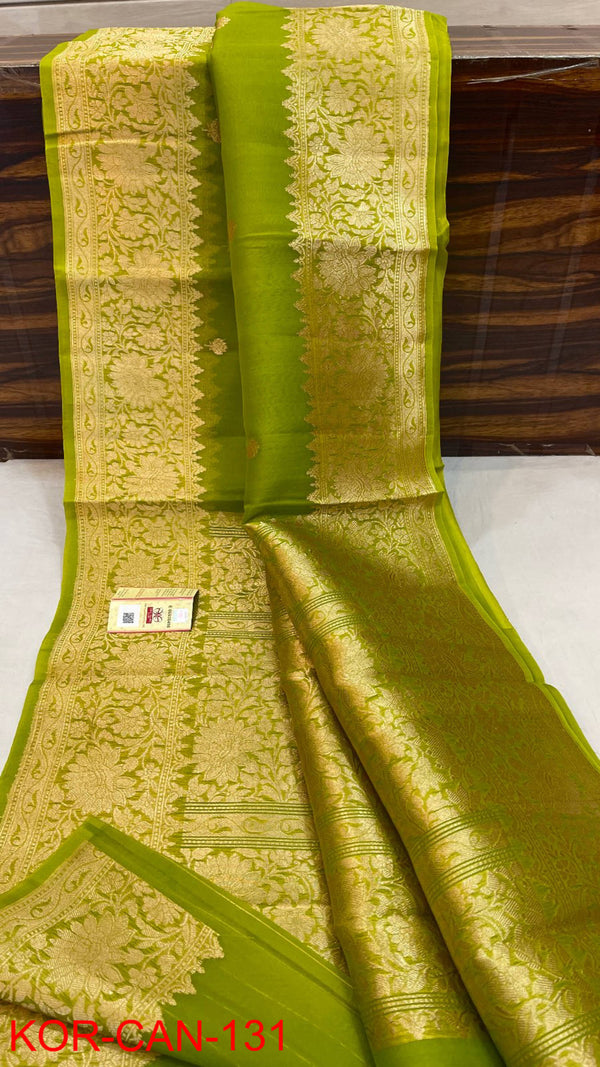 Pure Banarasi Kora Organza Silk Handwoven Zari Work Saree With Silk Mark Certificate ( Length- 6.3 Meter )