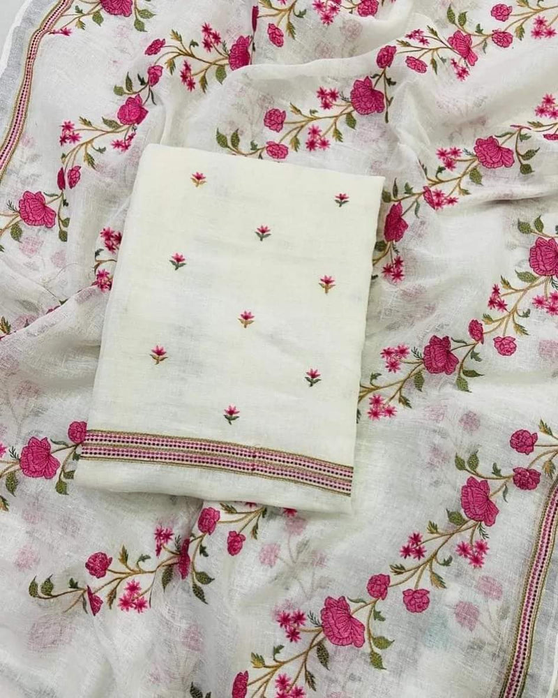 Bhagalpuri Cotton Linen Embroidery Unstitched suit.