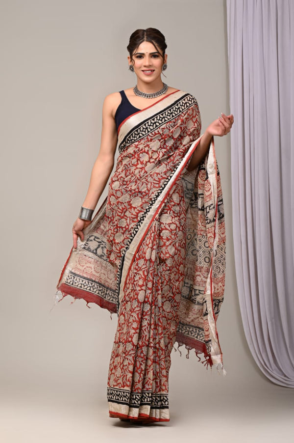 Hand Block Print Linen Saree with Blouse .