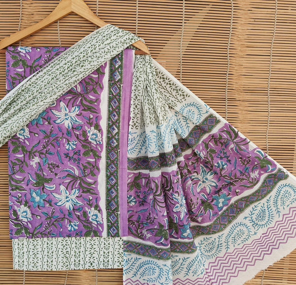 Pure Cotton Hand-Block Print unstitched suit with cotton dupatta .