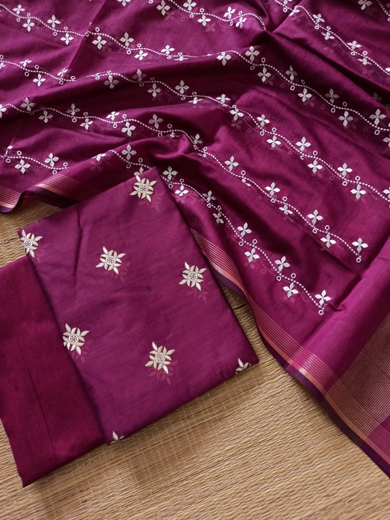 Banarasi Chanderi Silk Embroidery Work Unstitched Suit .