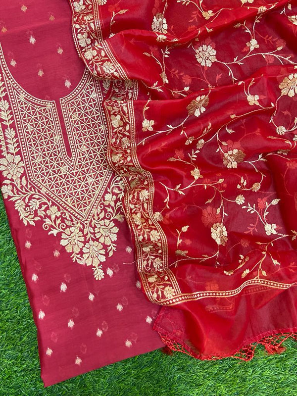 Pure Banarasi Resham Chanderi Silk Zari Embroidery Unstitched Suit With Pure Organza Zari Work Dupatta.