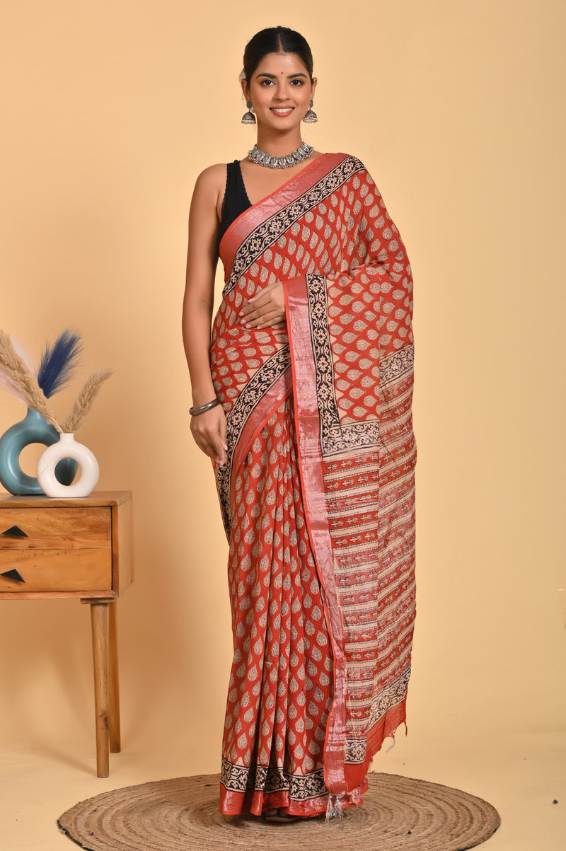 Hand Block Print Linen Saree with Blouse .