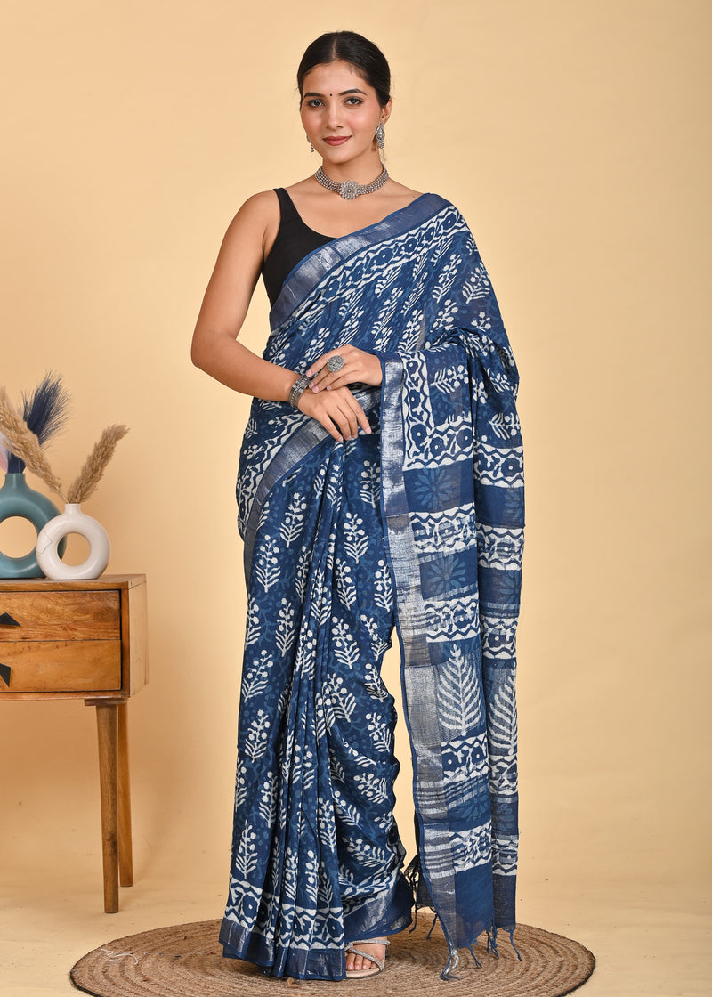 Hand Block Print Linen Saree with Blouse .