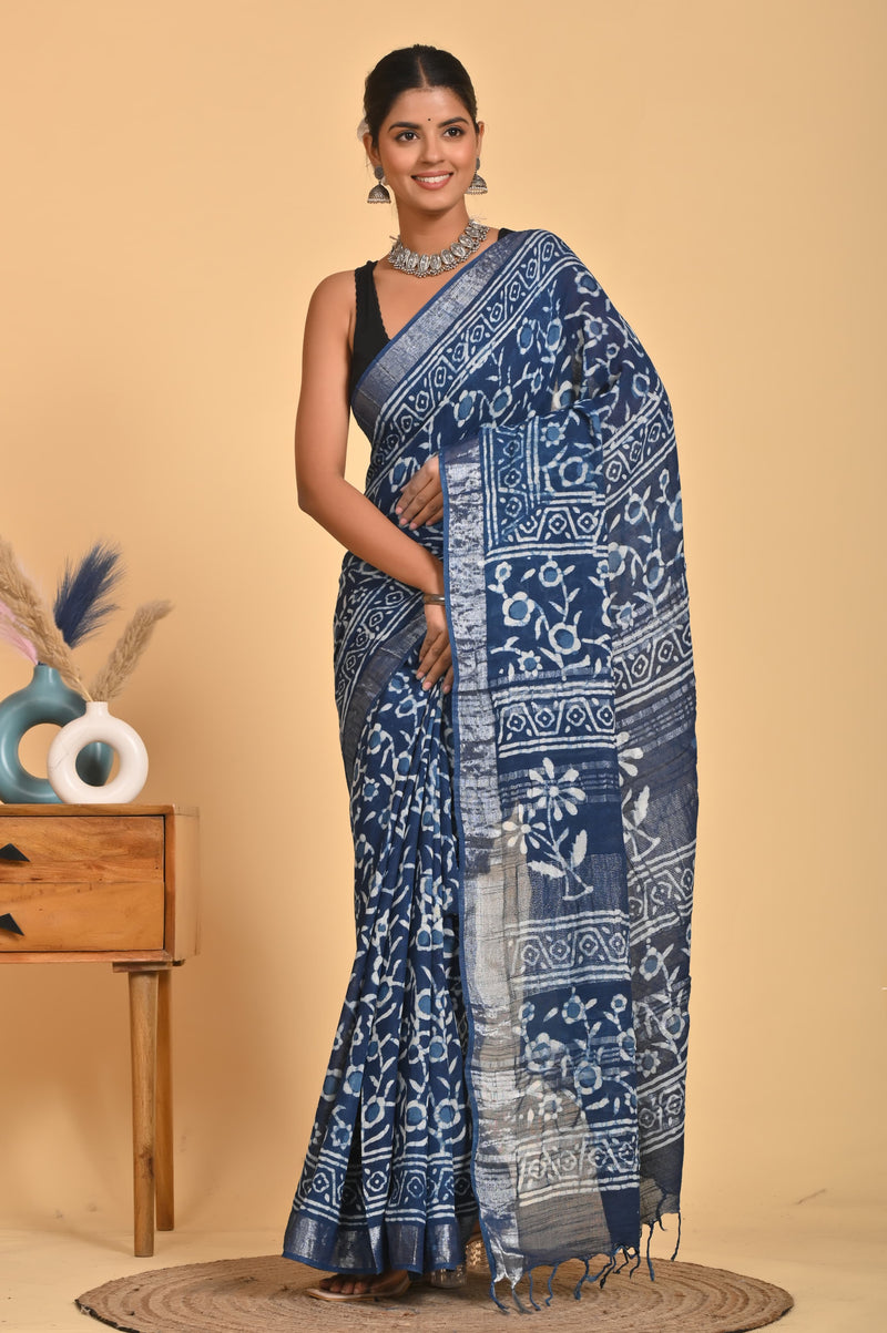 Hand Block Print Linen Saree with Blouse .