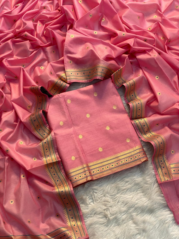 Pure Banarasi Chanderi Silk Meenakari Weaved Unstitched Suit.