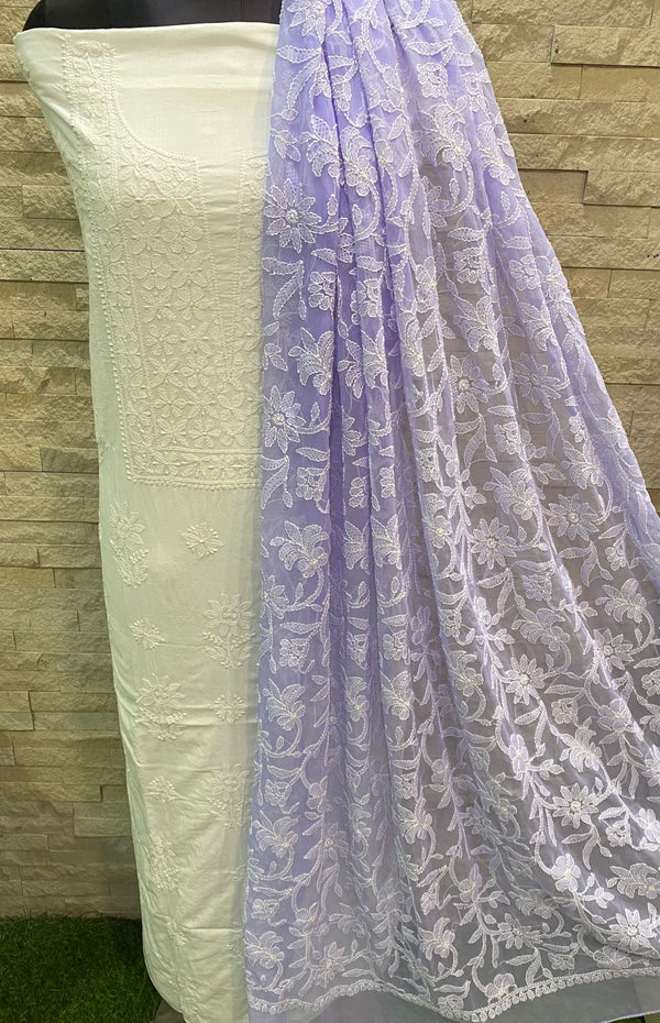 Pure MulMul Cotton Chikankari Unstitched Suit With Chikankari Hand Embroidery Jaal Dupatta .