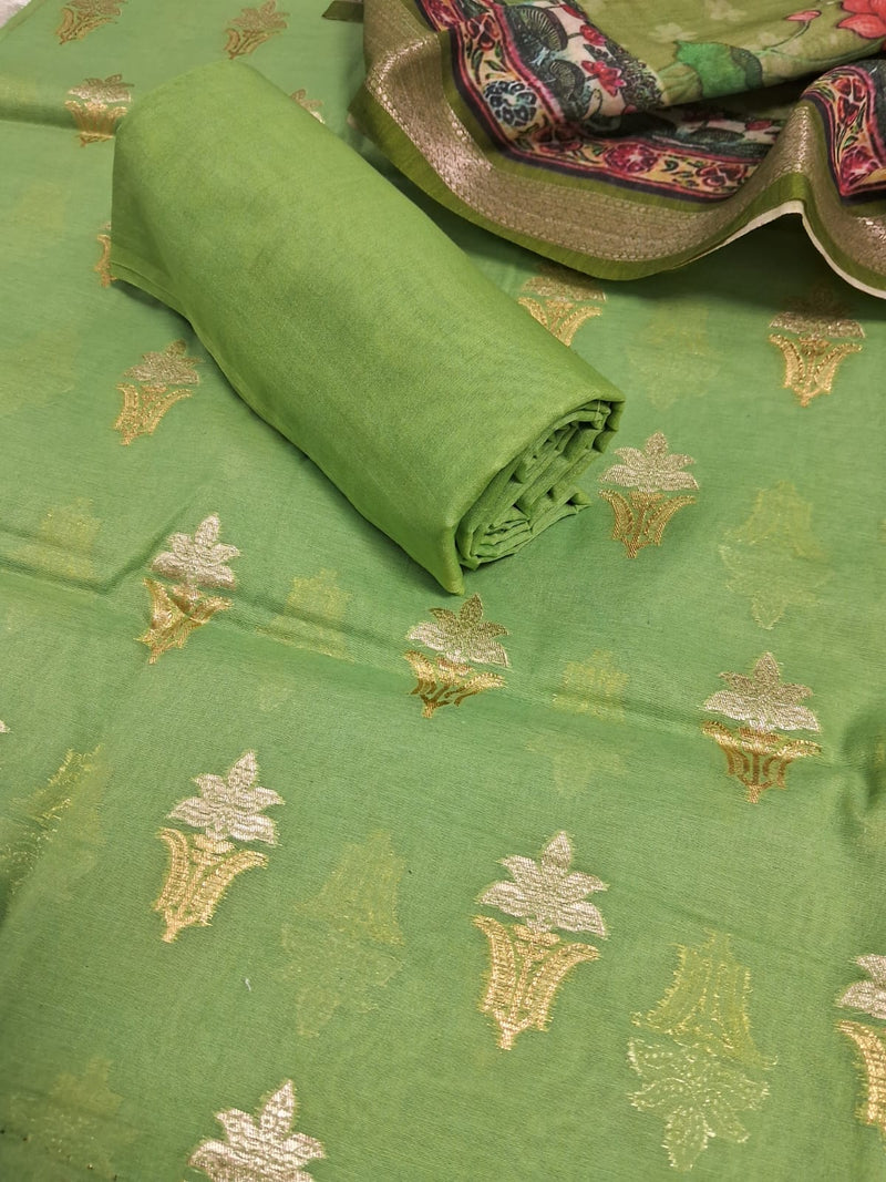 Pure Banarasi Cotton Chanderi Silk Zari Work Unstitched Suit With Digital Print Dupatta.