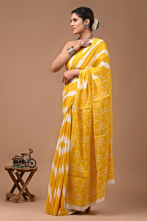 Pure  Mul cotton Hand print saree with Blouse.