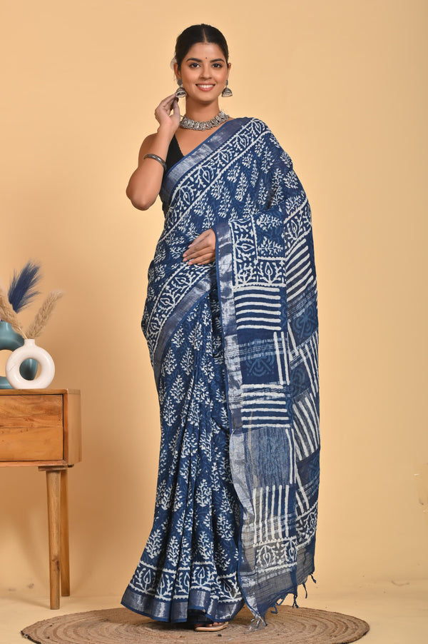 Hand Block Print Linen Saree with Blouse .