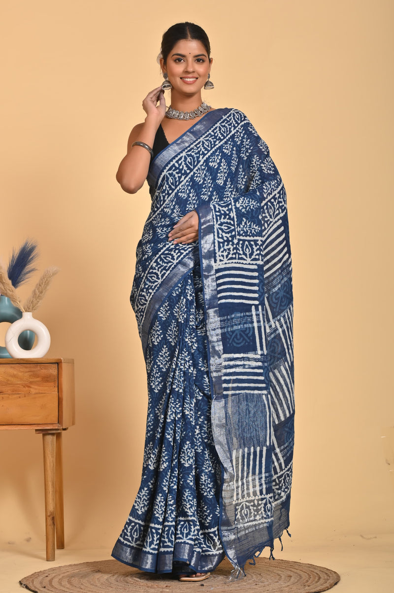 Hand Block Print Linen Saree with Blouse .