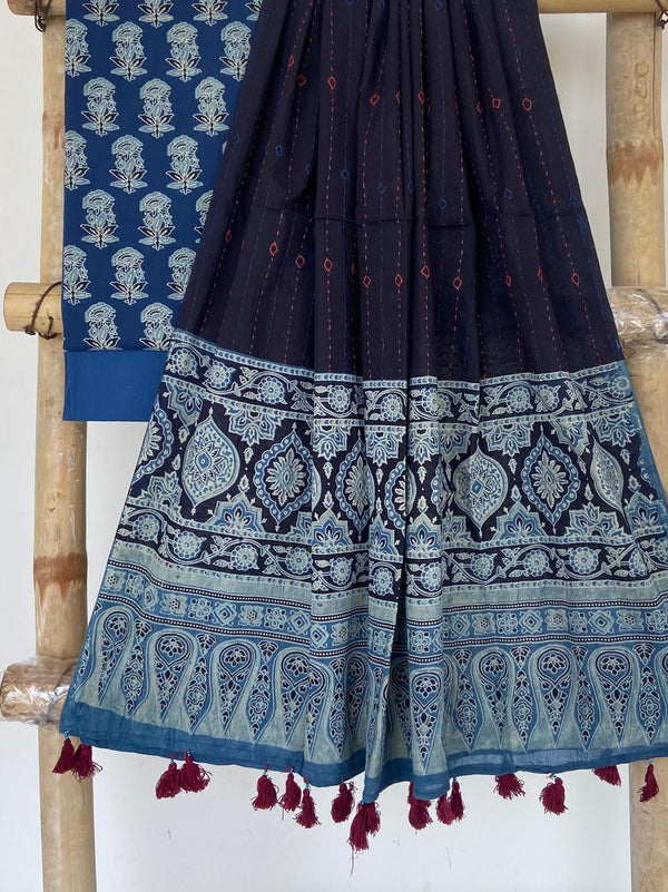 Pure Cotton Azrakh Print Unstitched suit With Hand kantha Work Dupatta .