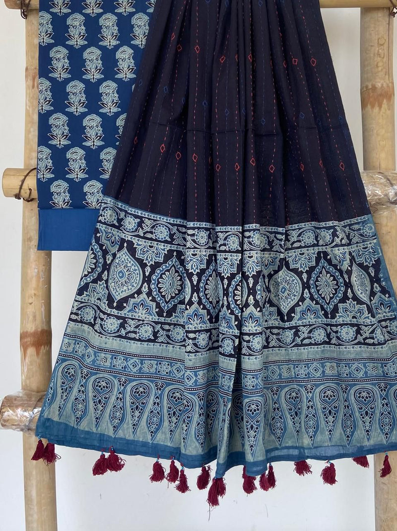 Pure Cotton Azrakh Print Unstitched suit With Hand kantha Work Dupatta .