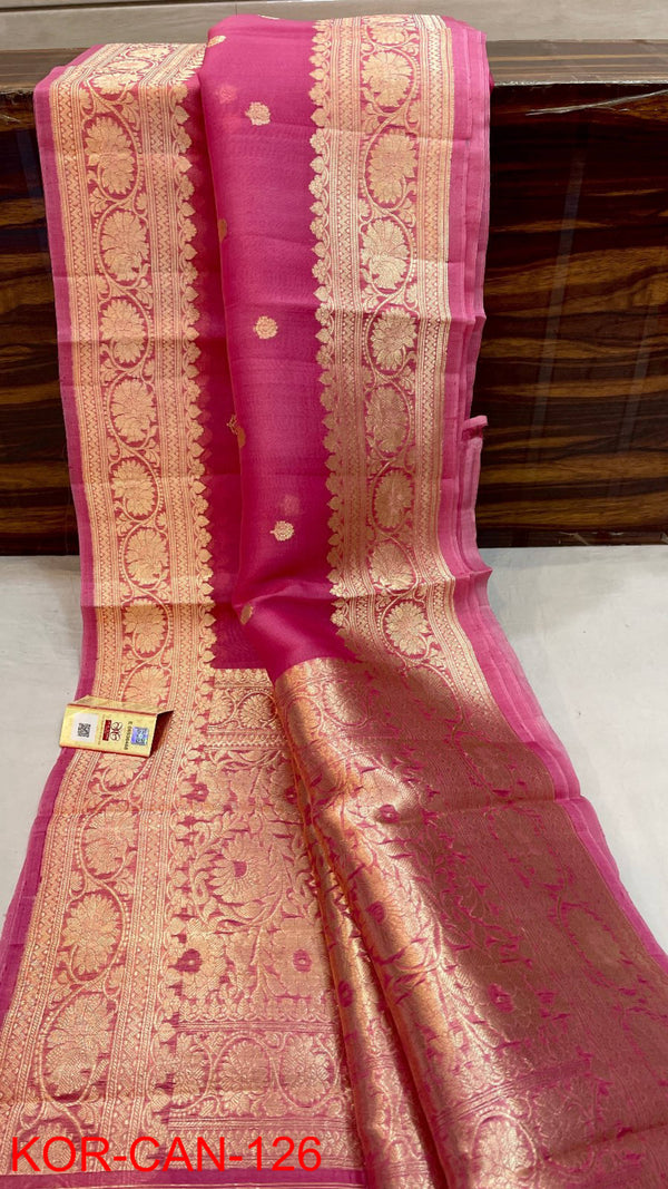 Pure Banarasi Kora Organza Silk Handwoven Zari Work Saree With Silk Mark Certificate ( Length- 6.3 Meter )