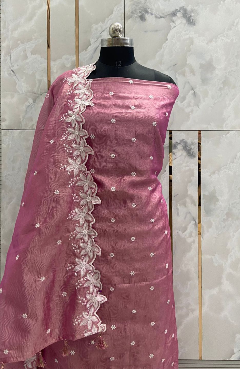 Banarasi Tissue Silk Embroidery Unstitched Suit with Tissue Crush Embroidery Dupatta.