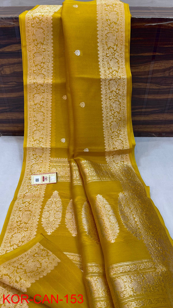 Pure Banarasi Kora Organza Silk Handwoven Zari Work Saree With Silk Mark Certificate ( Length- 6.3 Meter )