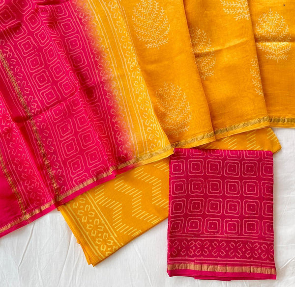 Pure Hand Block Chanderi Silk Unstitched Suit .