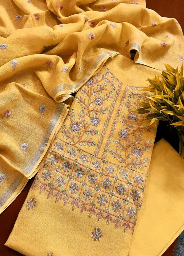 Bhagalpuri Cotton Linen Embroidery Unstitched suit.