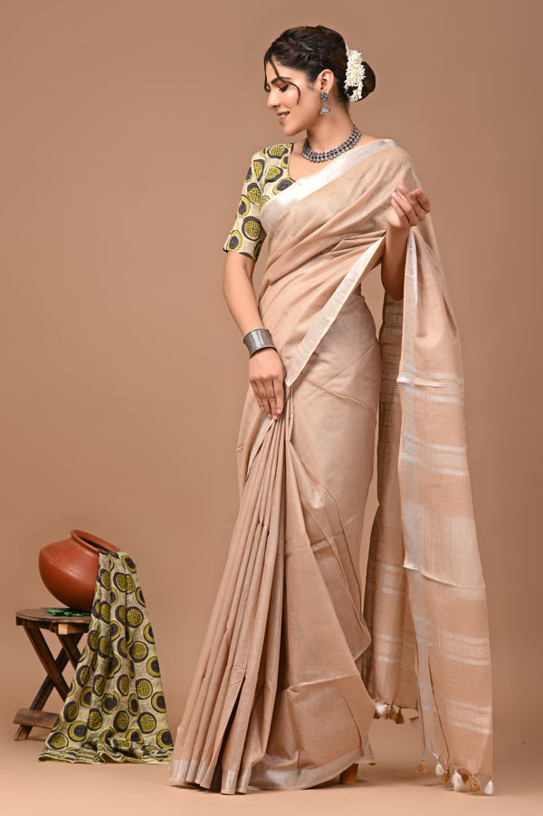 Hand Block Print Linen Saree with Blouse .