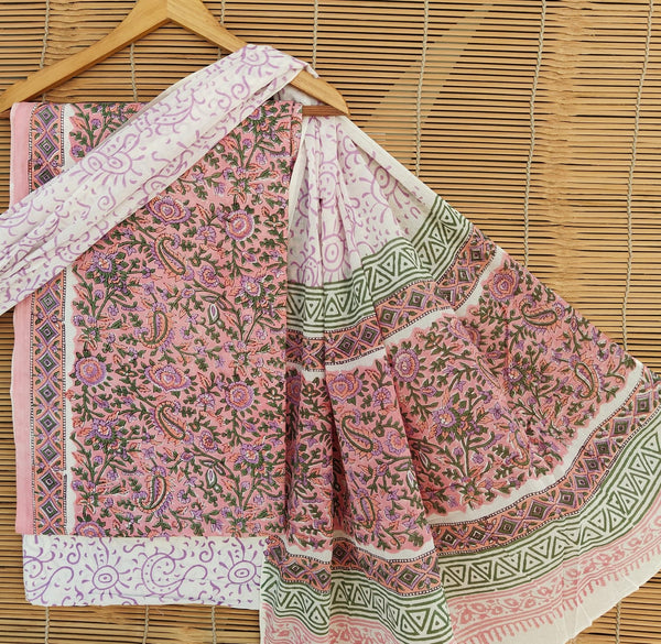 Pure Cotton Hand-Block Print unstitched suit with cotton dupatta .