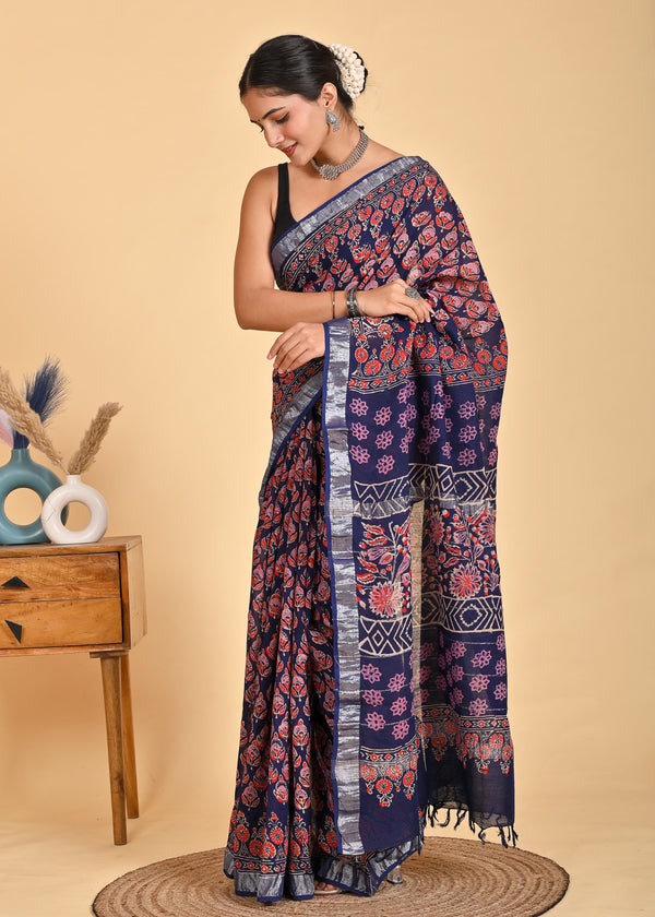 Hand Block Print Linen Saree with Blouse .