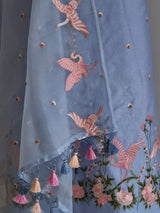 Pure Chanderi Silk Birds Embroidery unstitched Suit With Organza Silk Dupatta .