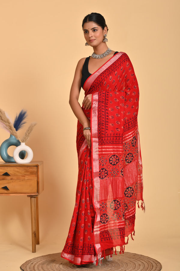 Hand Block Print Linen Saree with Blouse .