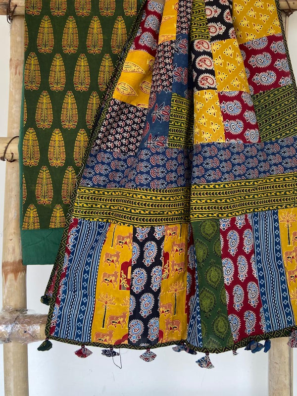 Pure Cotton Azrakh Print Unstitched suit With Patch Work Dupatta.