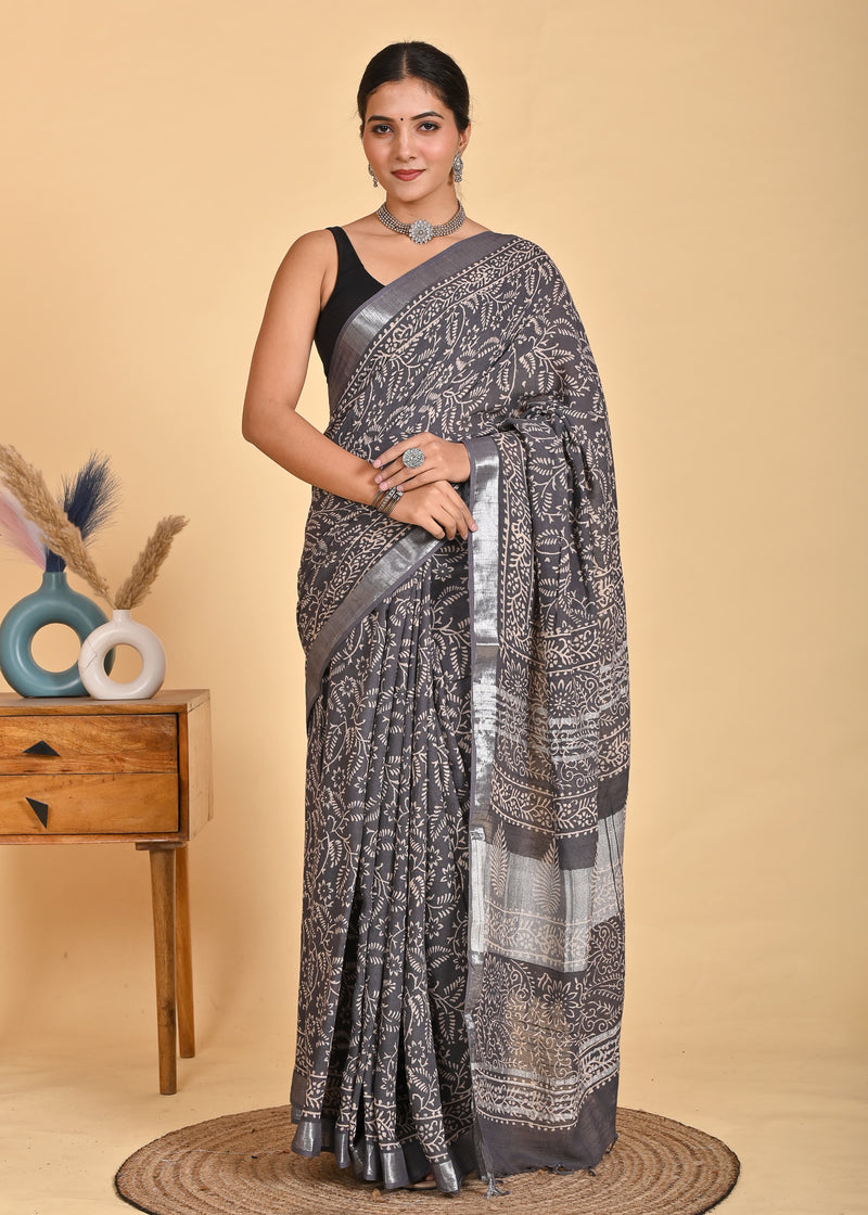 Hand Block Print Linen Saree with Blouse .