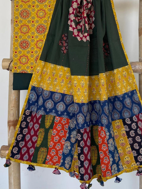 Pure Cotton Azrakh Print Unstitched suit With patch work Dupatta.