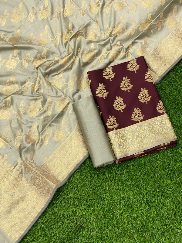 Pure Banarasi Double Zari Weaved Silk Unstitched Suit With Banarasi Silk Dupatta .