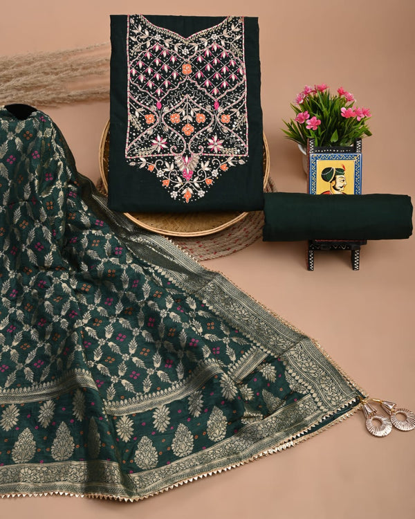 Pure Chanderi Silk Hand Work Unstitched Suit With Dhola Silk Dupatta.