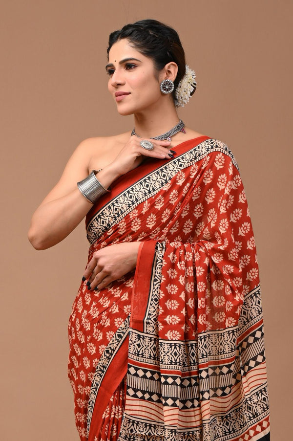 Pure  Mul cotton Hand print saree with Blouse.