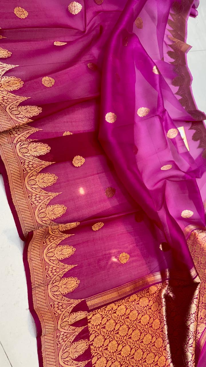 Pure Banarasi Kora Organza Silk Handwoven Zari Work Saree With Silk Mark Certificate ( Length- 6.3 Meter )