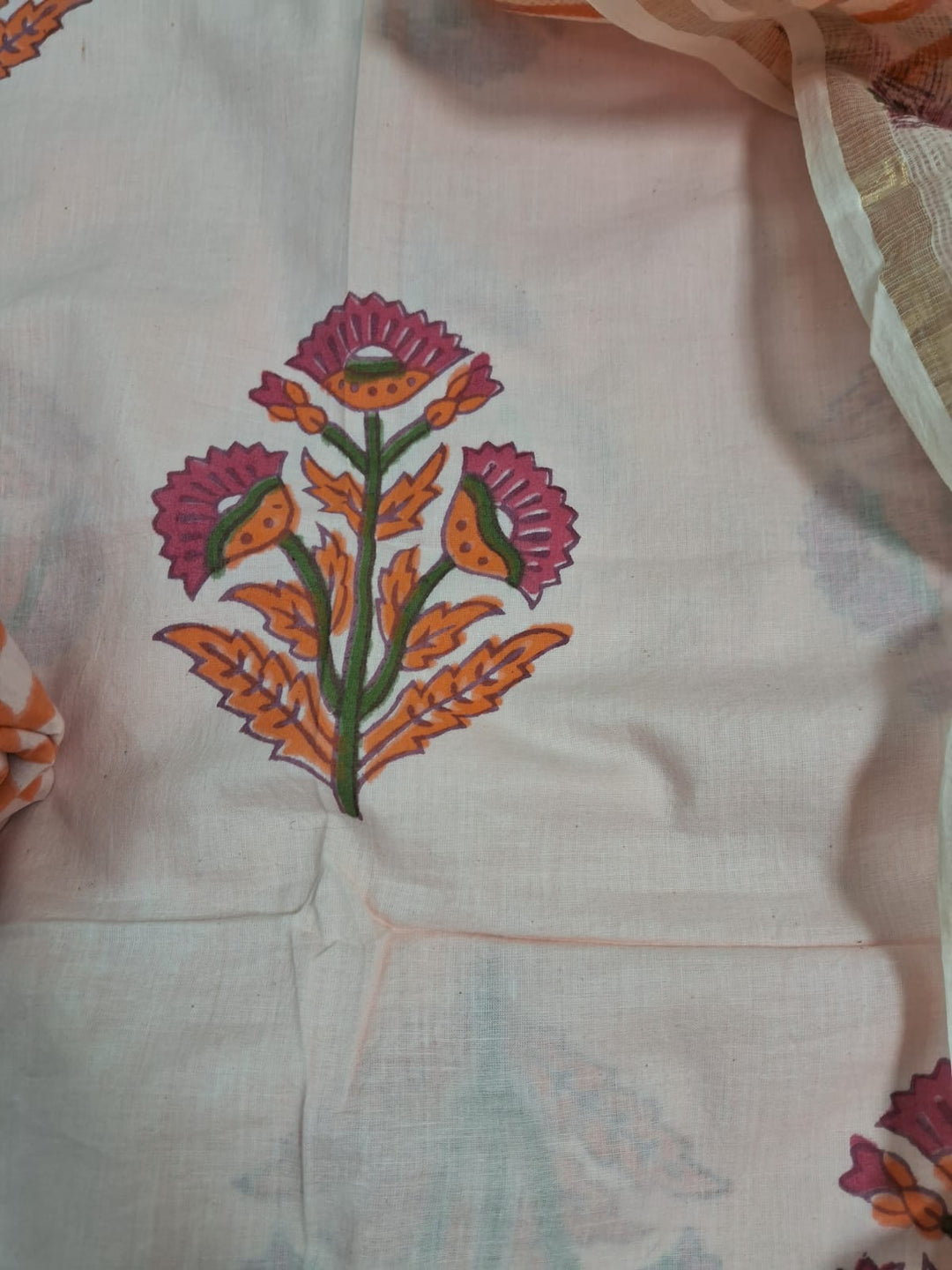 Pure Cotton Hand Block Unstitched Suit With kota Doriya Dupatta .