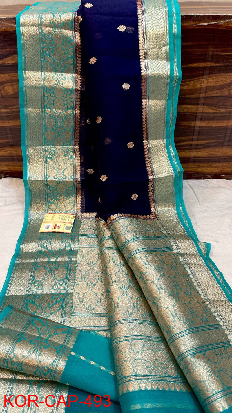 Pure Banarasi Kora Organza Silk Handwoven Zari Work Saree With Silk Mark Certificate ( Length- 6.3 Meter )