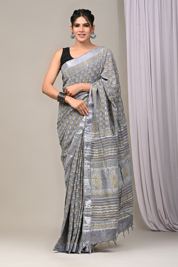 Hand Block Print Linen Saree with Blouse .