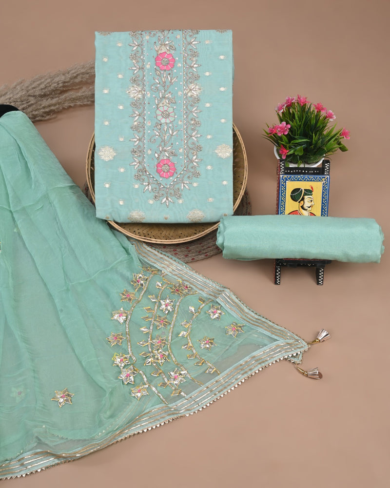 Pure Chanderi Silk Hand Work Unstitched Suit With Dhola Silk Dupatta.