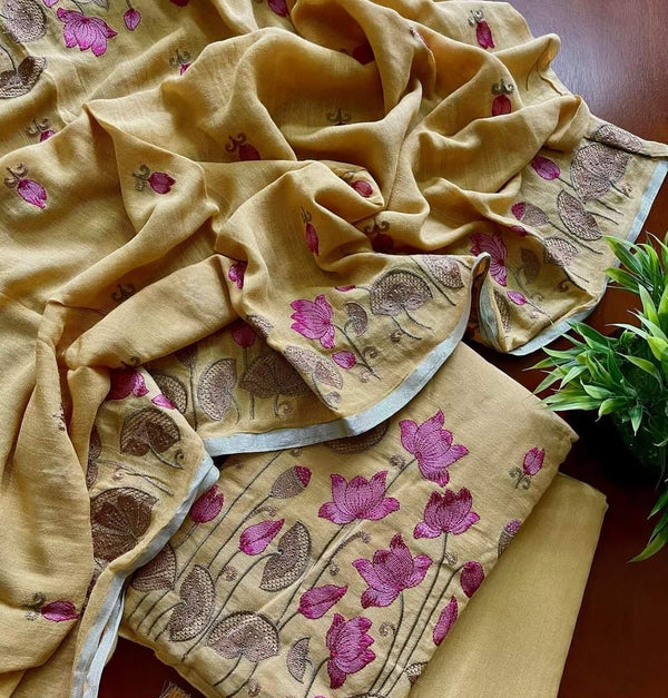 Bhagalpuri Cotton Linen Embroidery Unstitched suit.