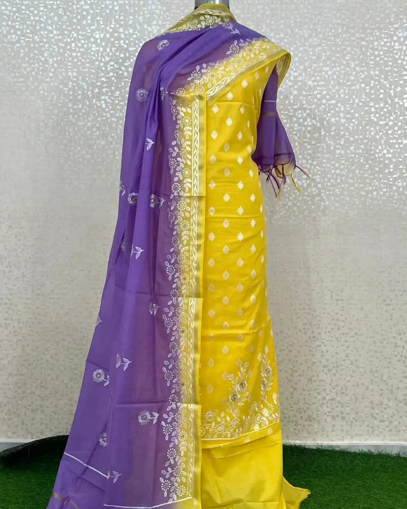 Banarasi Mercerised Chanderi Silk Resham weaved Unstitched Suit.