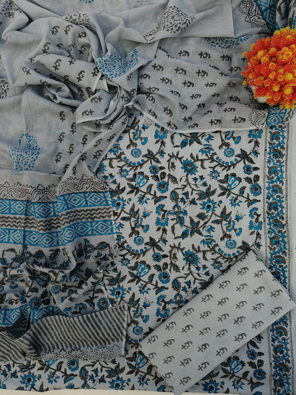 Pure Cotton Hand-Block Print unstitched suit with cotton dupatta .