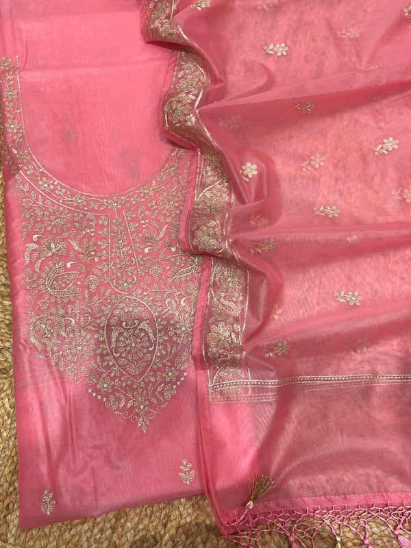 Pure Banarasi Organza Silk Zari Embroidery Unstitched Suit.