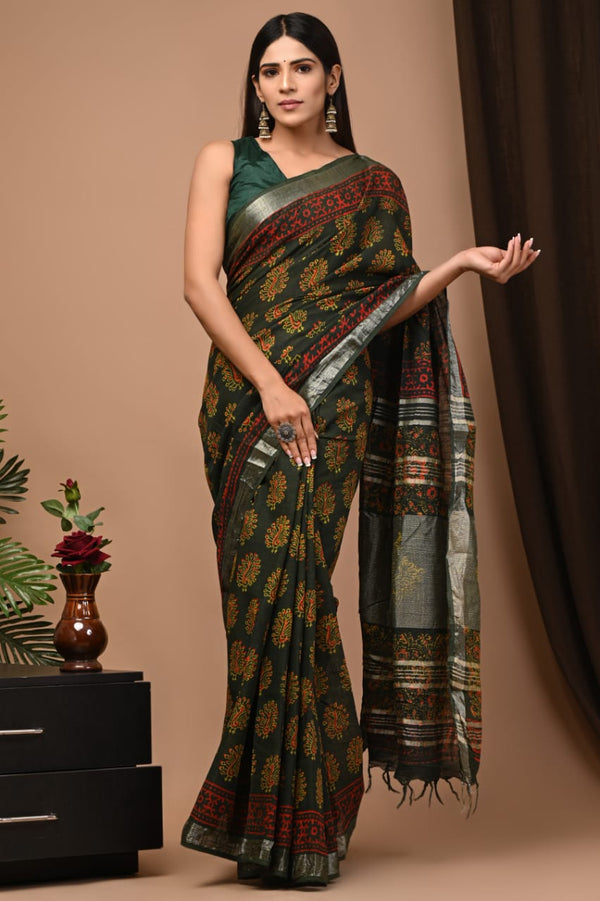 Hand Block Print Linen Saree with Blouse .