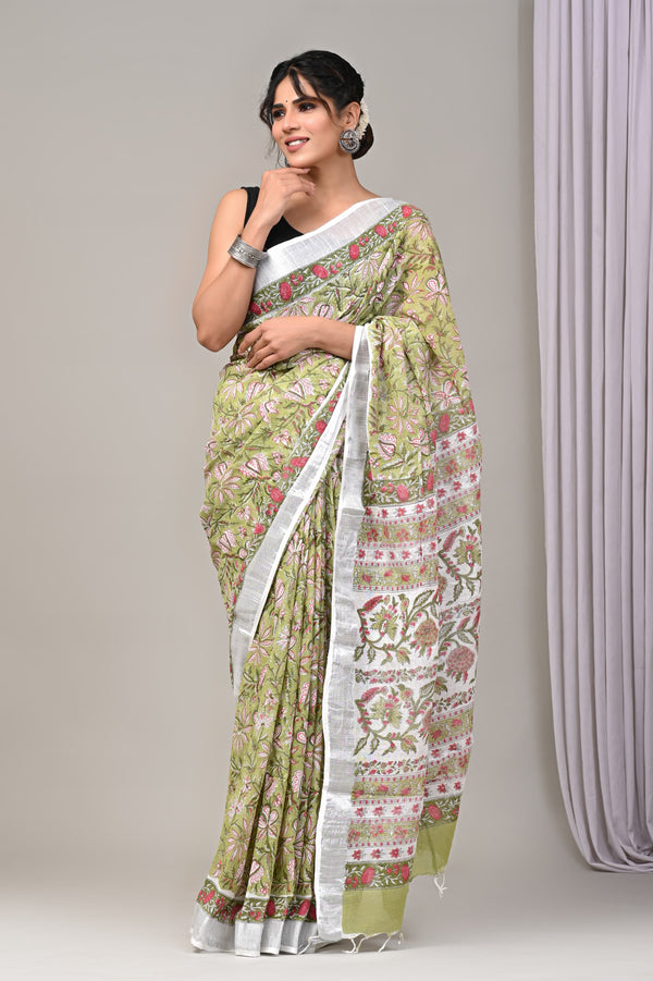 Hand Block Print Linen Saree with Blouse .