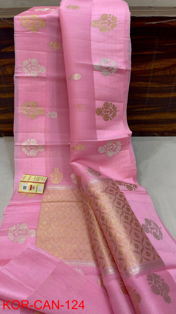 Pure Banarasi Kora Organza Silk Handwoven Zari Work Saree With Silk Mark Certificate ( Length- 6.3 Meter )