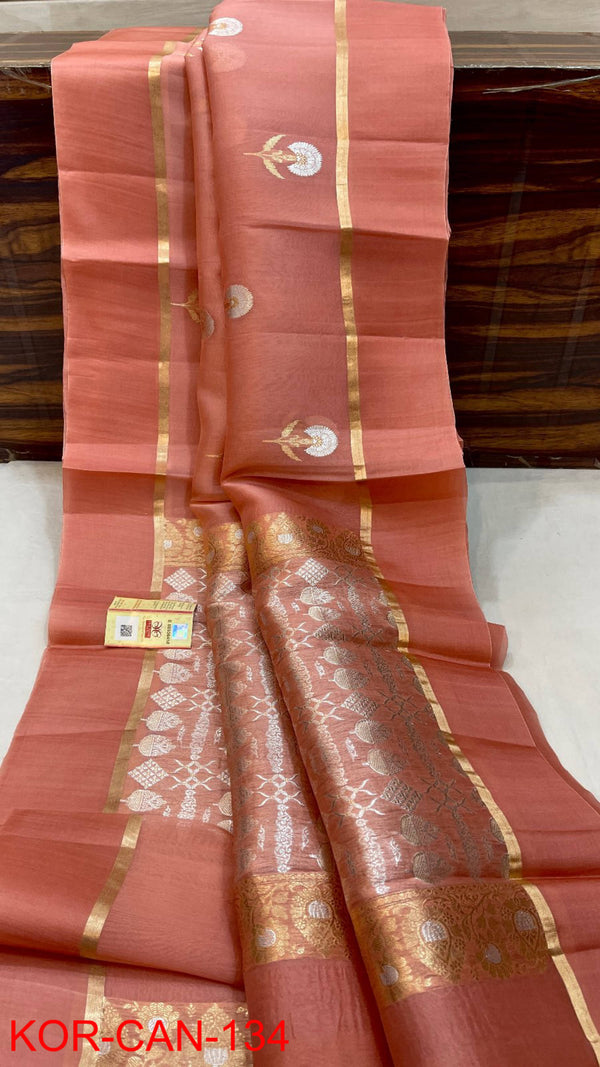 Pure Banarasi Kora Organza Silk Handwoven Zari Work Saree With Silk Mark Certificate ( Length- 6.3 Meter )