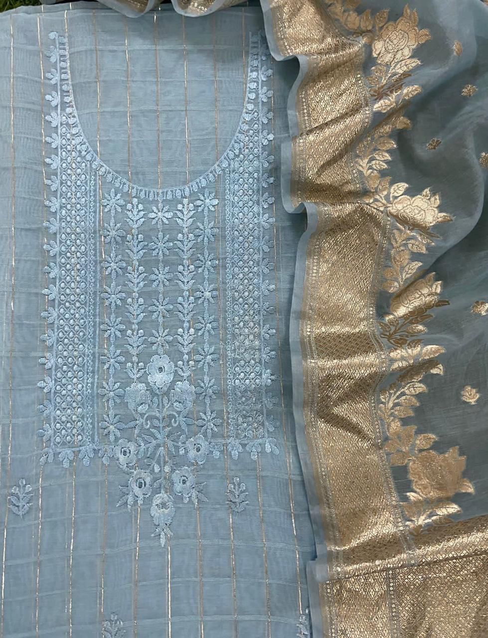 Banarasi Chanderi Lurex Neck Embroidery Unstitched Suit With Cotton Lurex Dupatta.