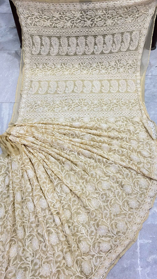 Pure Chiffon Georgette Chikankari Hand Embroidery Full Jaal Work Saree.