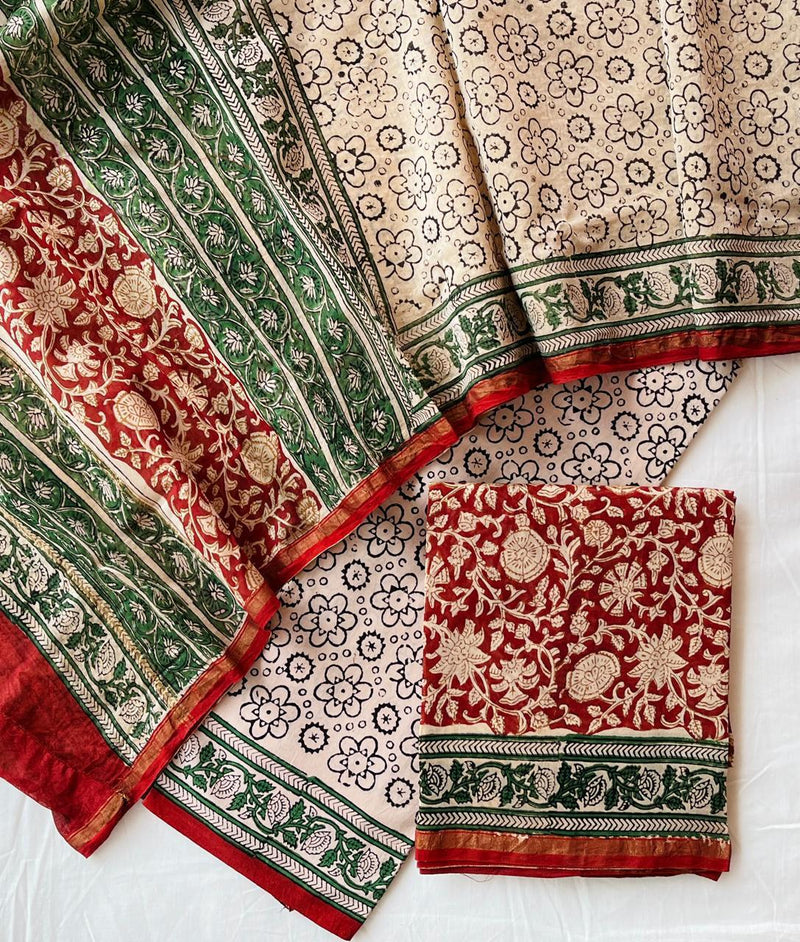 Pure Hand Block Chanderi Silk Unstitched Suit .